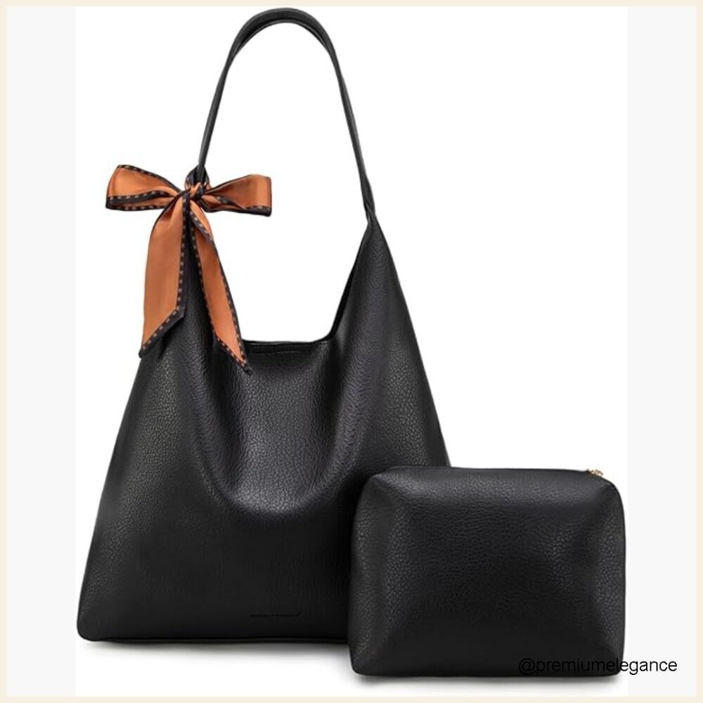Medium Vegan Leather Hobo Shoulder Bag with Scarf, Spacious Interior